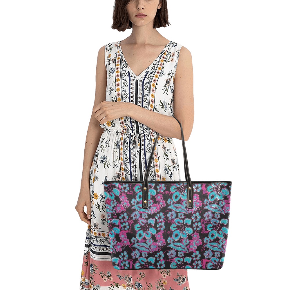 Blue Surrealistic Floral Chic Leather Tote Bag (Model 1709)