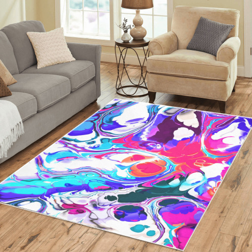 Blue White Pink Liquid Flowing Marbled Ink Abstract Area Rug7'x5'