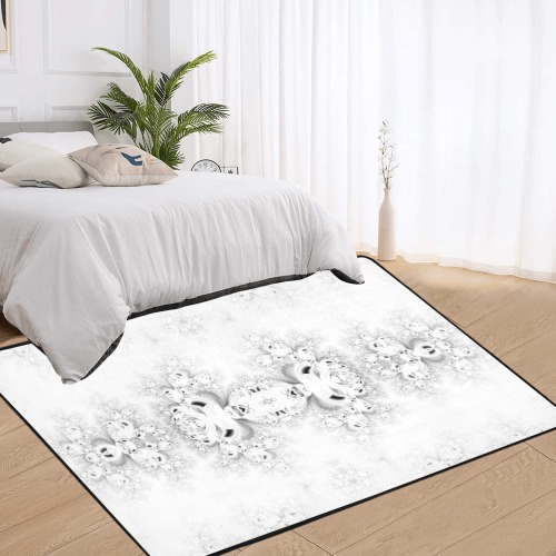 Snowy Winter White Frost Fractal Area Rug with Black Binding 7'x5'