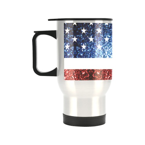 Sparkly USA flag America Red White Blue faux Sparkles patriotic bling 4th of July Travel Mug (14oz)