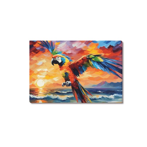 A colorful parrot by the sea at ocean sunset. Upgraded Canvas Print 18"x12"