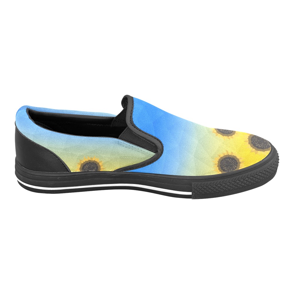 Ukraine yellow blue geometric mesh pattern Sunflowers Women's Slip-on Canvas Shoes (Model 019)