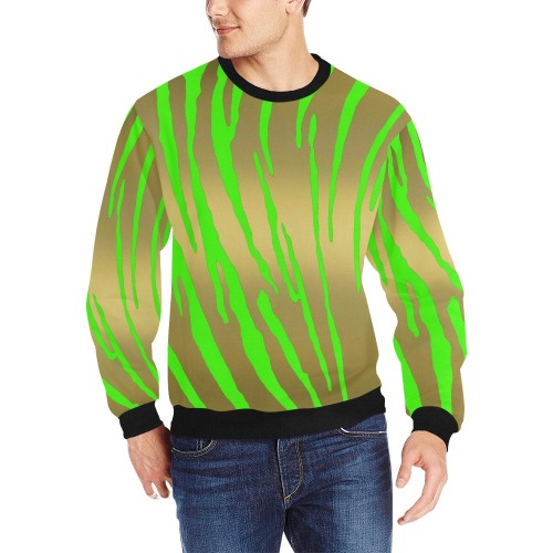 Gold Tiger Stripes Green Men's Rib Cuff Crew Neck Sweatshirt (Model H34)
