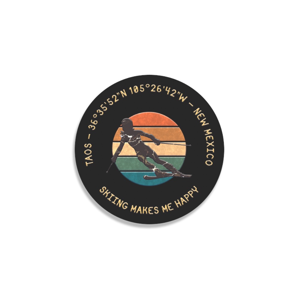 Ski Taos, New Mexico - Woman Skier, Yellow Text Round Coaster