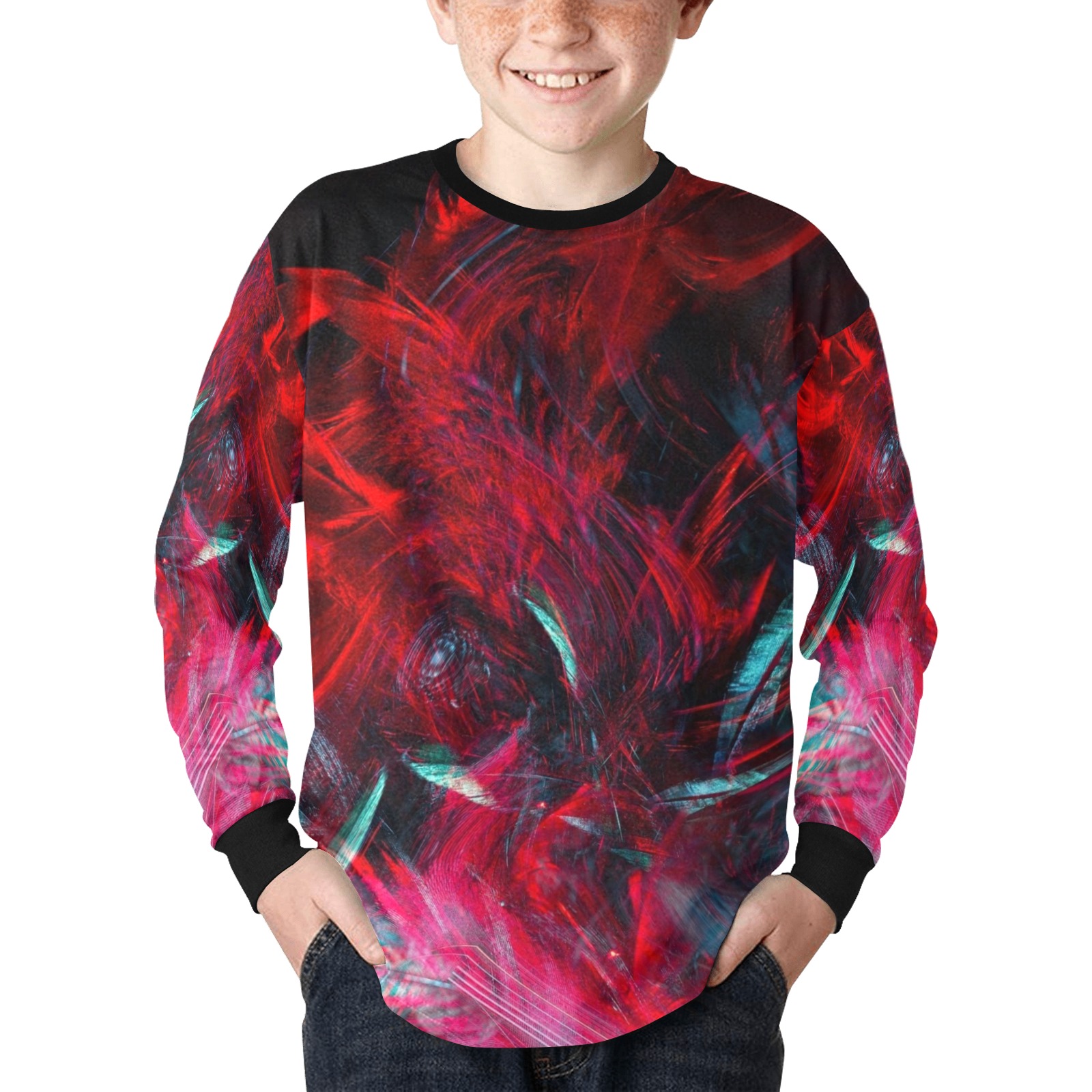 Abstract-Red Kids' Rib Cuff Long Sleeve T-shirt (Model T64)