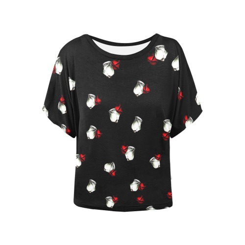 White and Red Roses Women's Batwing-Sleeved Blouse T shirt (Model T44)