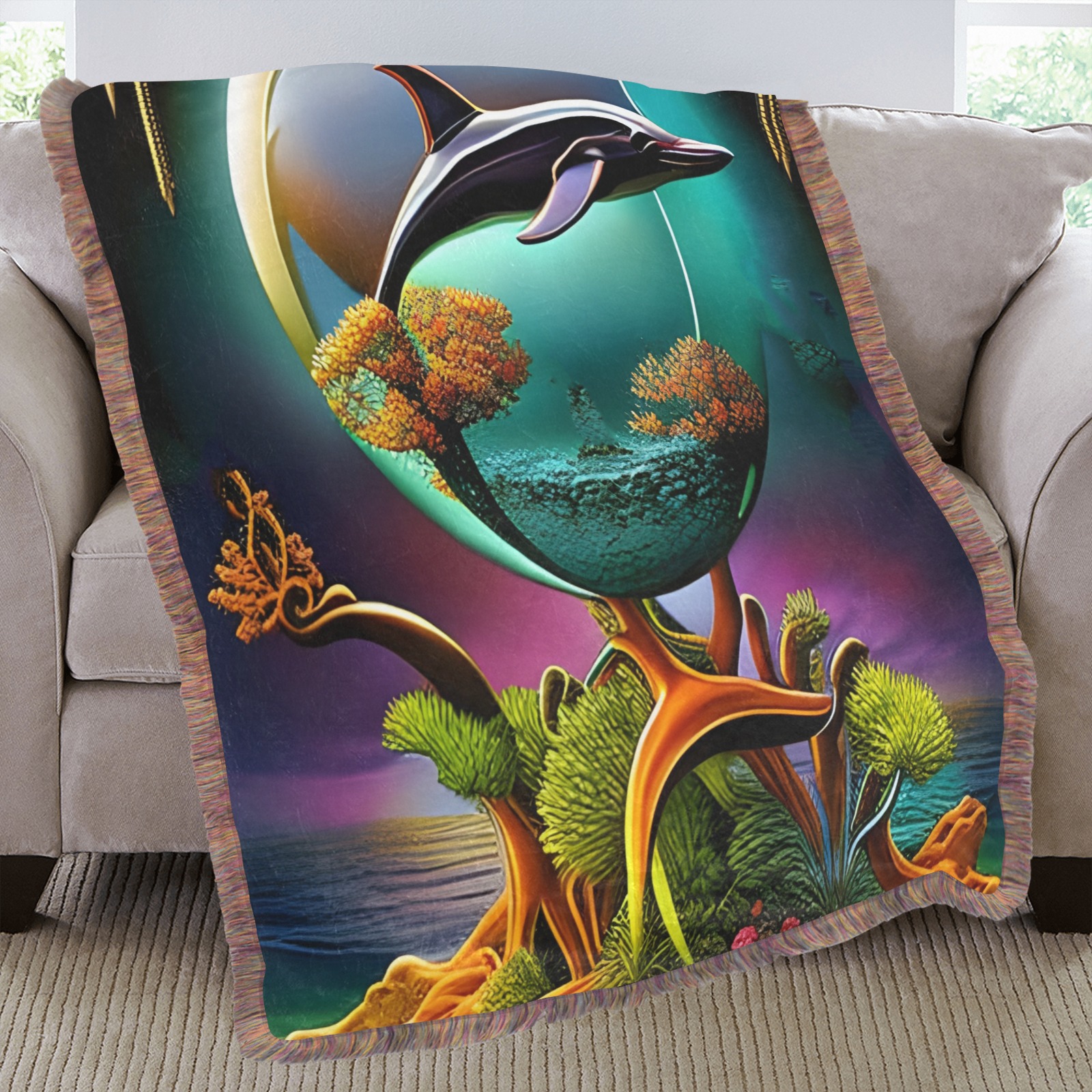 Out Of This World Spheres Dolphin Ultra-Soft Fringe Blanket 50"x60" (Mixed Green)