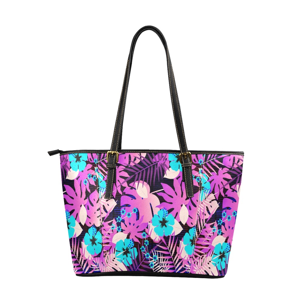 GROOVY FUNK THING FLORAL PURPLE Leather Tote Bag/Large (Model 1640)
