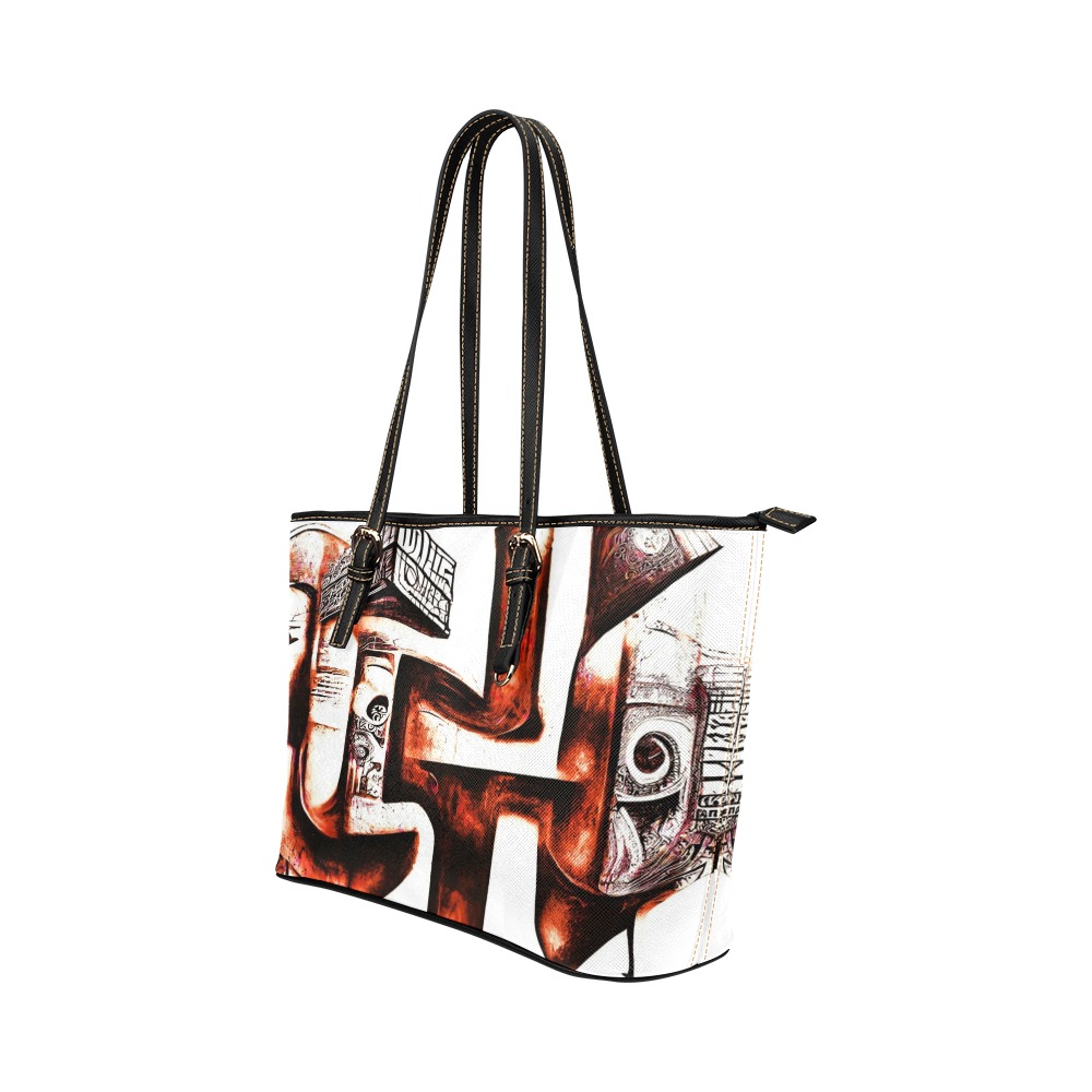 graffiti building's brown and white Leather Tote Bag/Large (Model 1651)