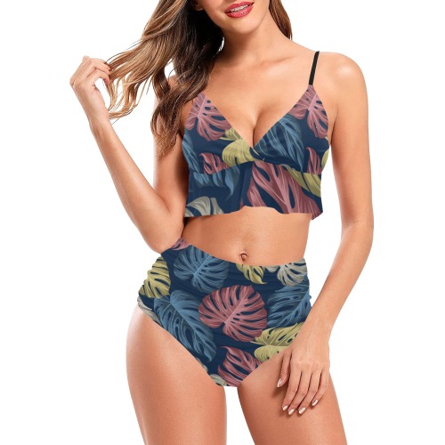 Unique Abstract Tropical Jungle Ruffle Hem Bikini Swimsuit (Model S35)