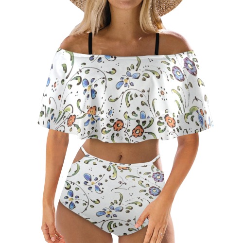 Flower Women's Ruffle Off Shoulder Bikini Swimsuit (Model S45)