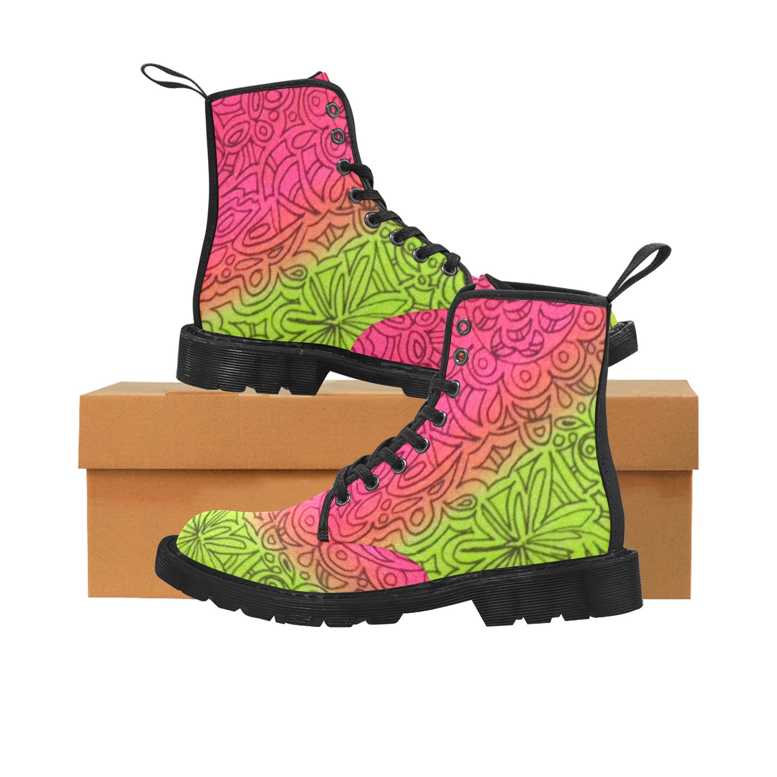 Pink and Green Martin Boots for Men (Black) (Model 1203H)