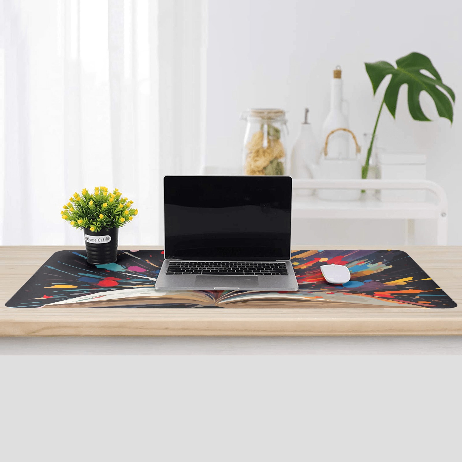 An open book and colorful paint strokes on black Gaming Mousepad (35"x16")