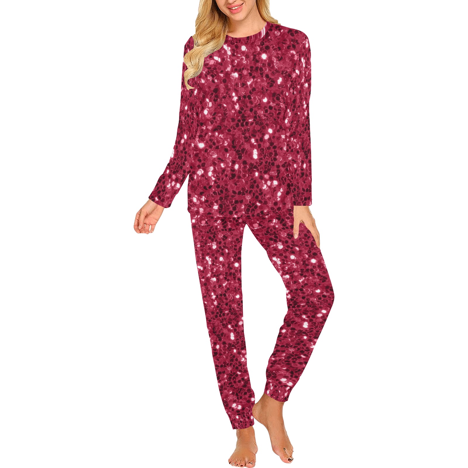 Magenta dark pink red faux sparkles glitter Women's All Over Print Pajama Set