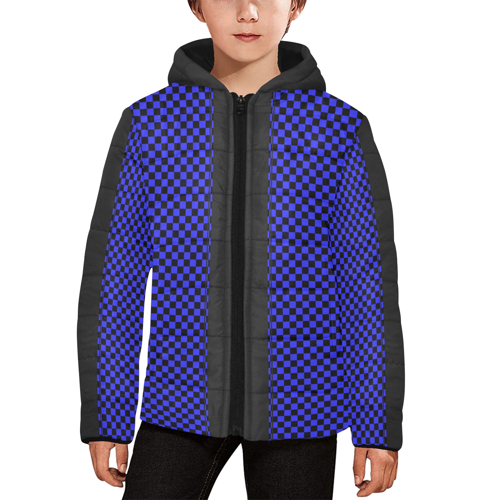 Checkerboard Blue Black Stripe Racing Kids' Padded Hooded Jacket (Model H45)