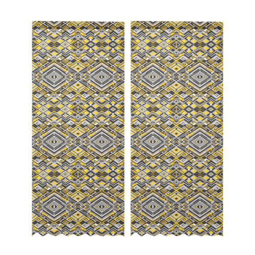 black white yellow pattern Gauze Curtain 28"x95" (Two-Piece)