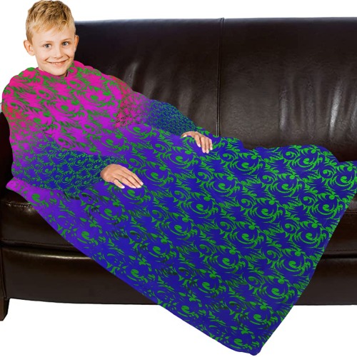 green swirl pnk blu Blanket Robe with Sleeves for Kids