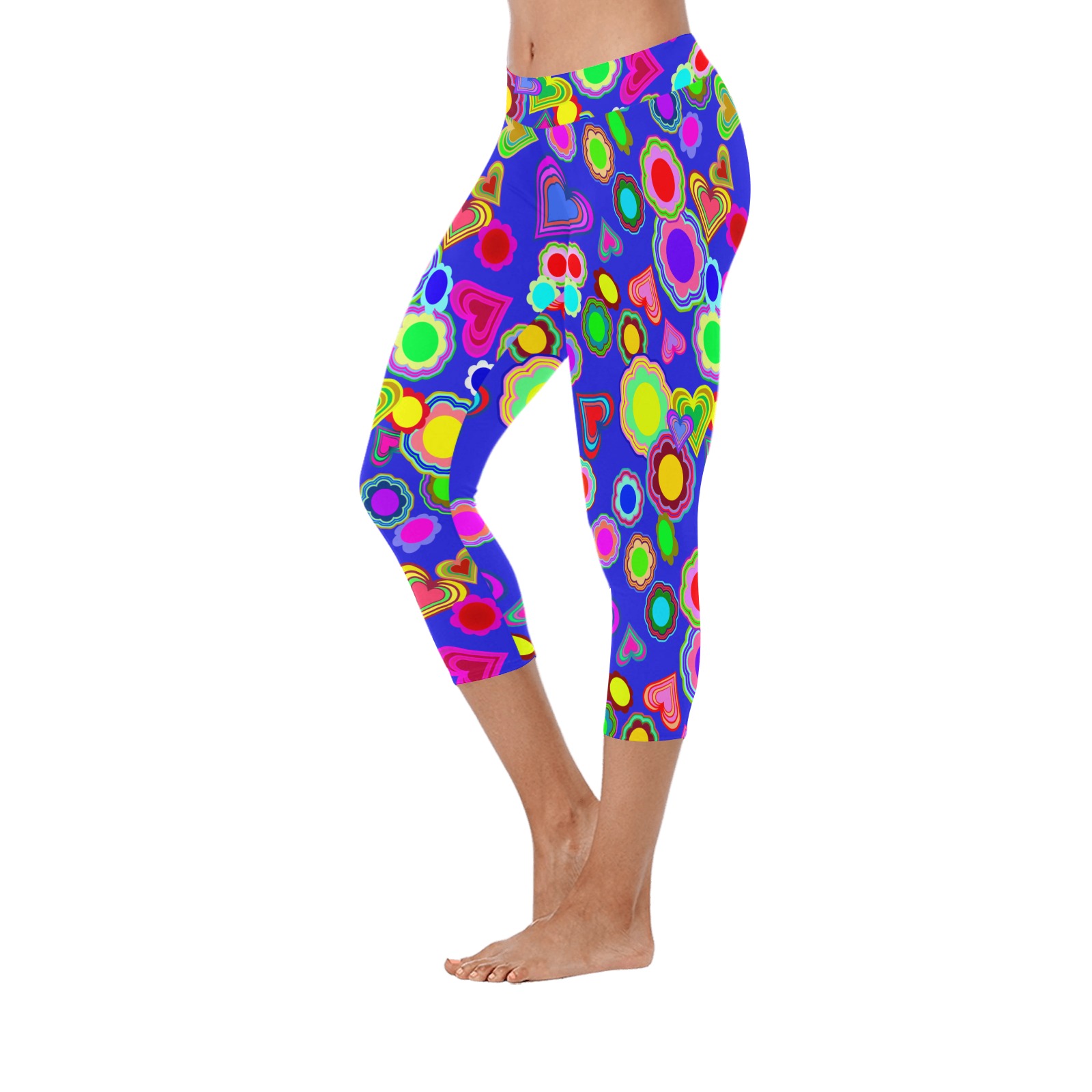 Groovy Hearts and Flowers Blue Women's Low Rise Capri Leggings (Invisible Stitch) (Model L08)