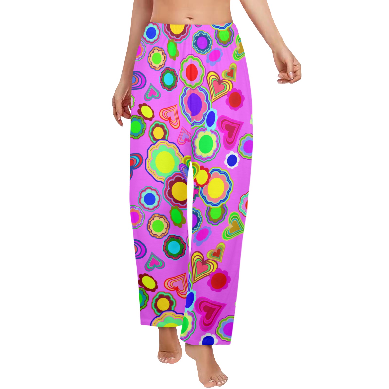 Groovy Hearts and Flowers Pink Women's Pajama Trousers without Pockets