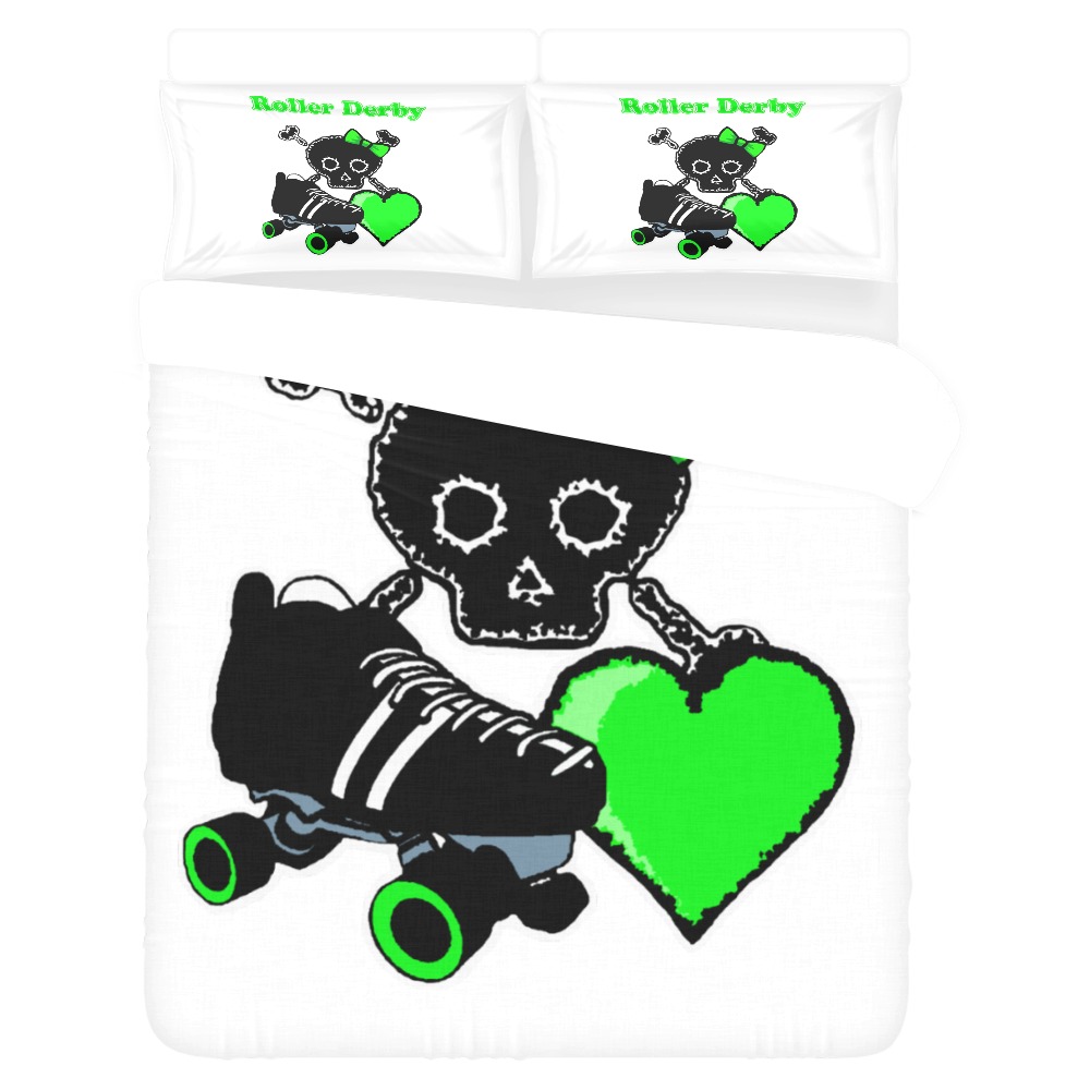 Roller Derby Heart (Green) 3-Piece Bedding Set