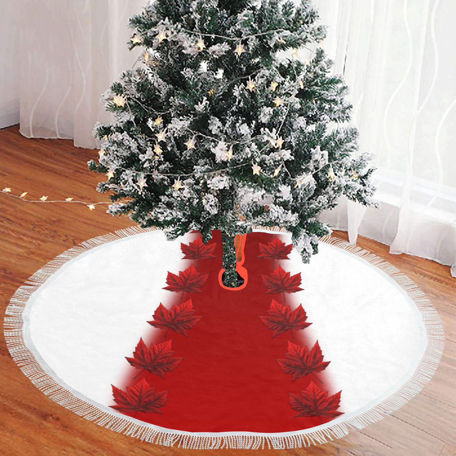 Canada Maple Leaf Christmas Tree Skirt Thick Fringe Christmas Tree Skirt 48"x48"