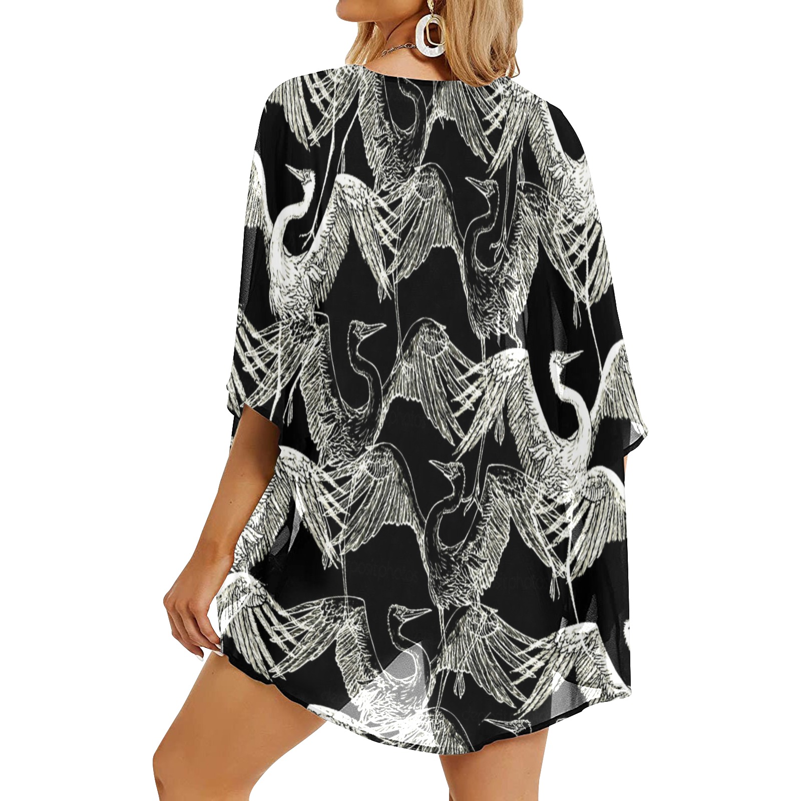 BLACK WHITE-dancing-storks Pattern Women's Kimono Chiffon Cover Ups (Model H51)