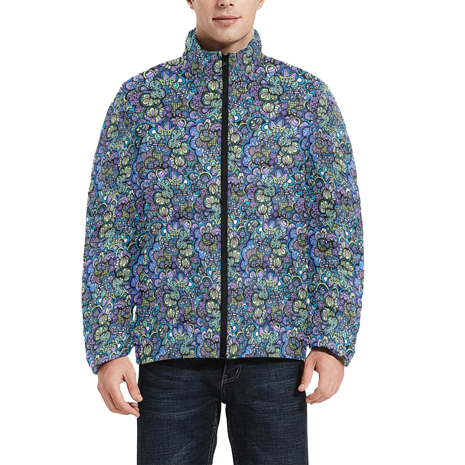 Scrambled Peacock Eggs - Small Pattern Men's Stand Collar Padded Jacket (Model H41)
