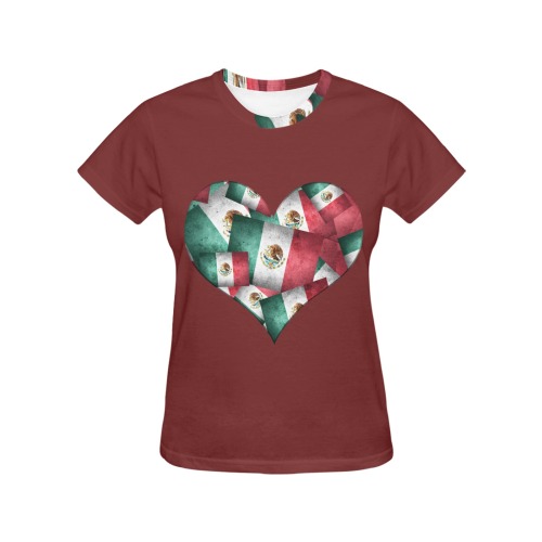 Mexican Flags of Mexico Heart on Red All Over Print T-Shirt for Women (USA Size) (Model T40)
