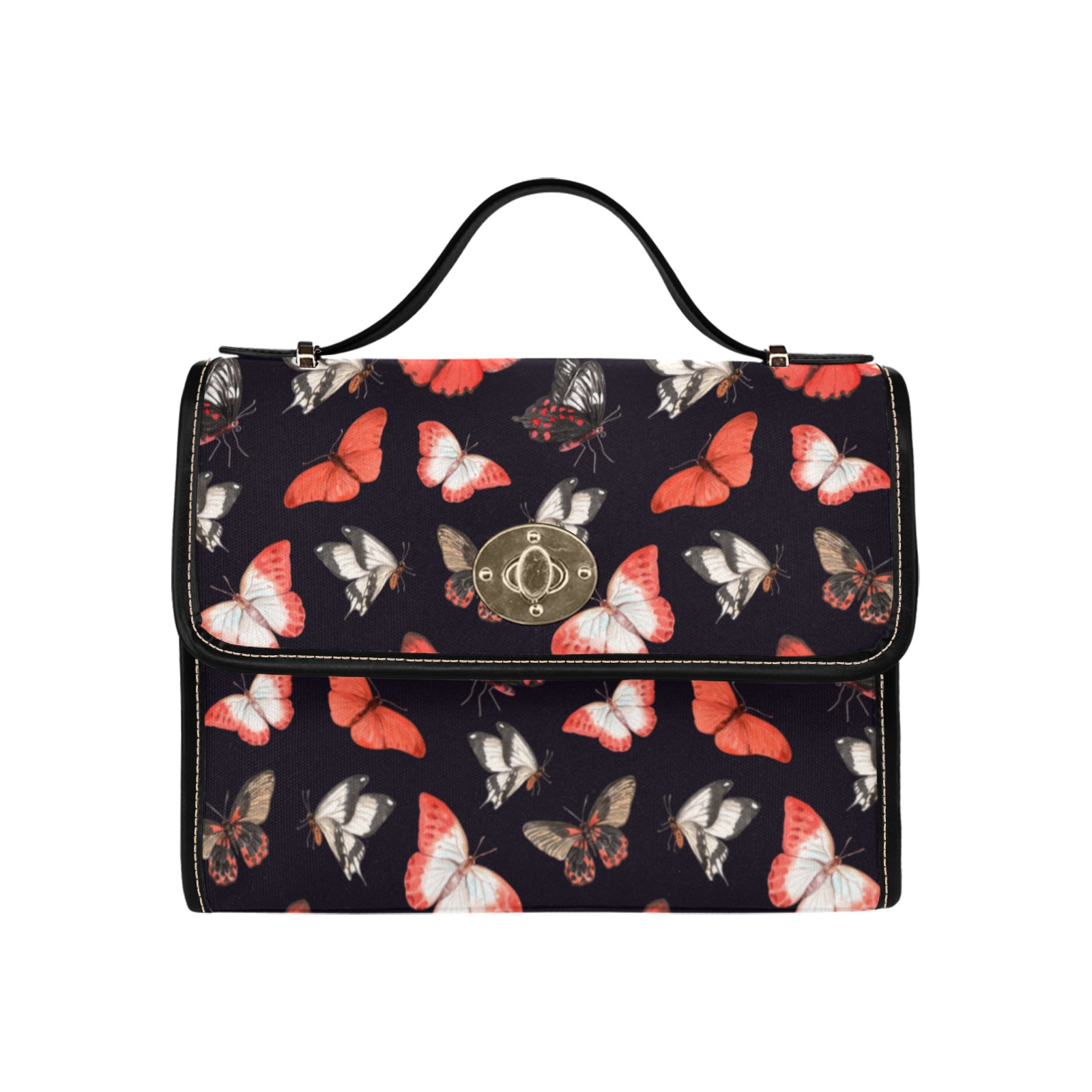 Red-Butterflies Waterproof Canvas Bag-Black (All Over Print) (Model 1641)