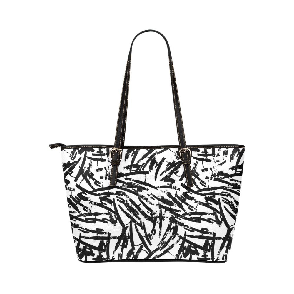Brush Stroke Black and White Leather Tote Bag/Large (Model 1651)