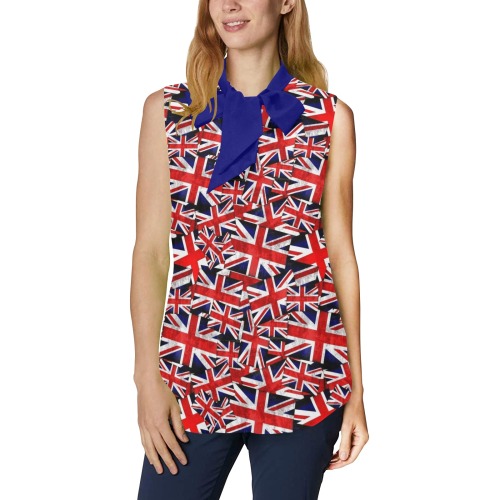 Union Jack British Flags - Blue Tie Women's Bow Tie V-Neck Sleeveless Shirt (Model T69)