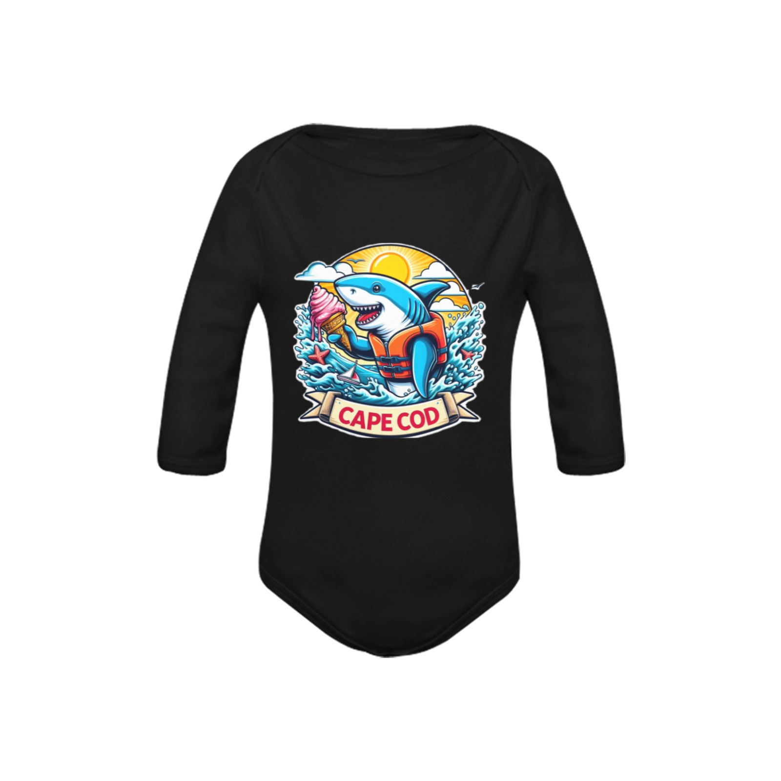 CAPE COD-GREAT WHITE EATING ICE CREAM 7 Baby Powder Organic Long Sleeve One Piece (Model T27)