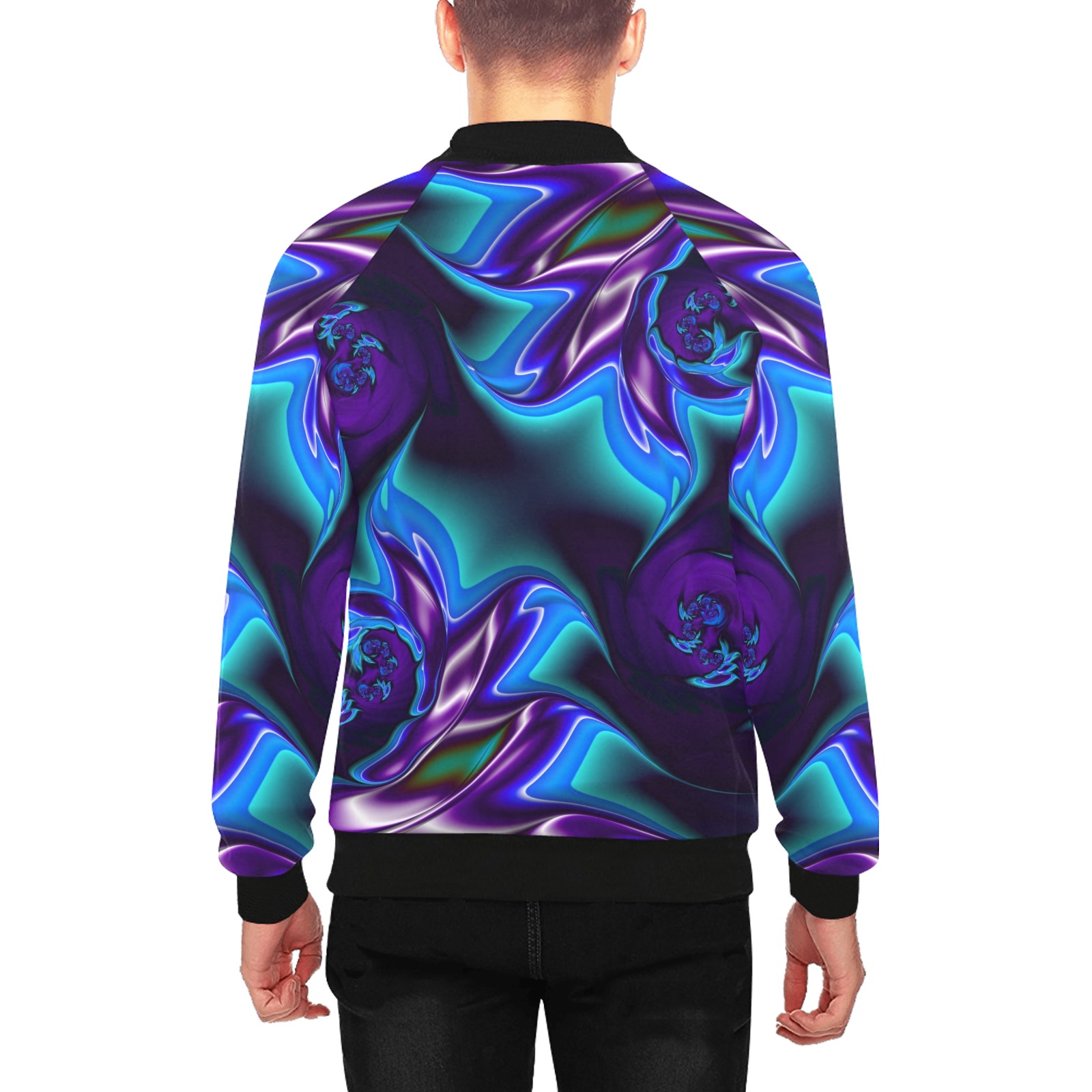 Aqua Blue and Purple Flowers Fractal Abstract Men's All Over Print Baseball Jacket (Model H26)