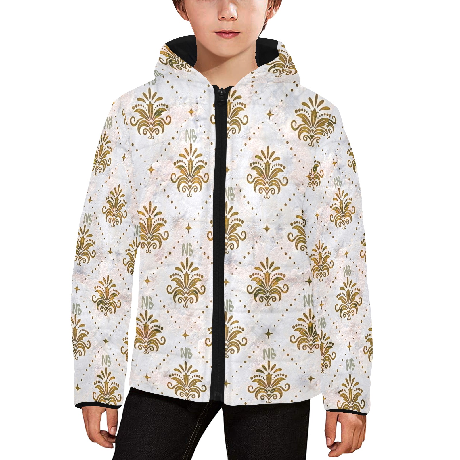 Gold Royal Pattern by Nico Bielow Kids' Padded Hooded Jacket (Model H45)