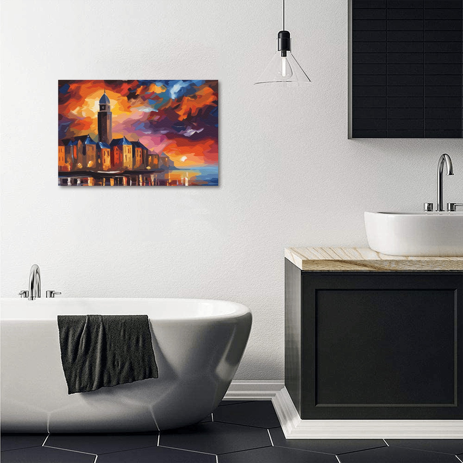 Fantasy city, tower, dramatic clouds, sea, sunset. Upgraded Canvas Print 18"x12"