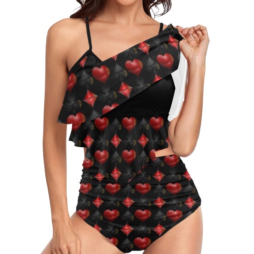 Las Vegas Black and Red Card Shapes Black High Waisted Double Ruffle Bikini Set (Model S34)
