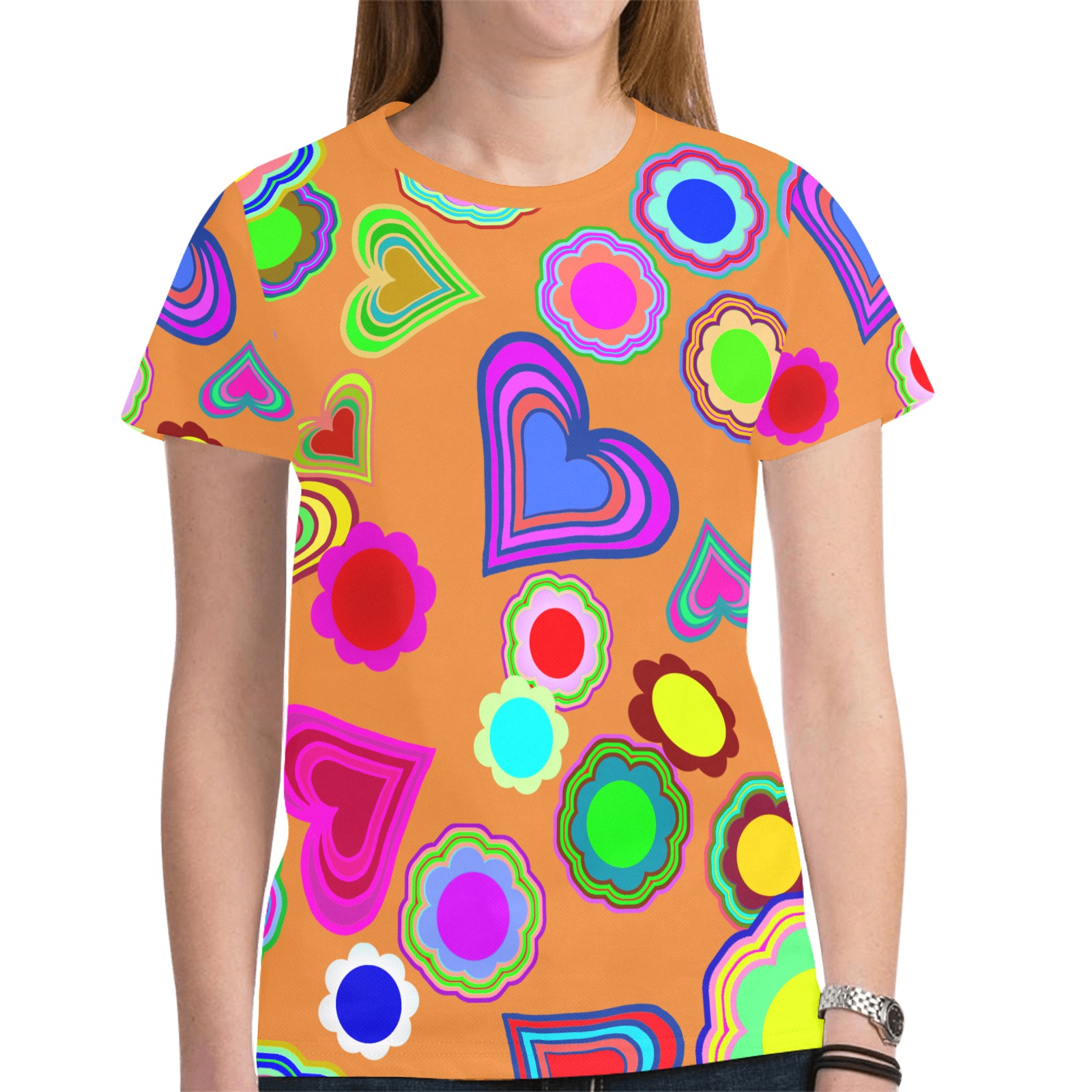 Groovy Hearts Flowers Pattern Orange New All Over Print T-shirt for Women (Model T45)