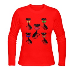 Black Cat with Bow Ties - Red Sunny Women's T-shirt (long-sleeve) (Model T07)
