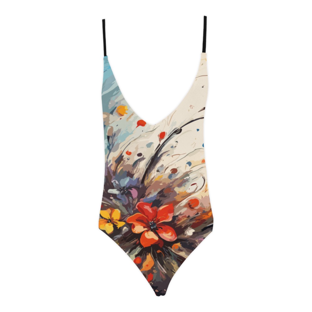 Elegant colorful abstract art of fantasy flowers. Sexy Lacing Backless One-Piece Swimsuit (Model S10)