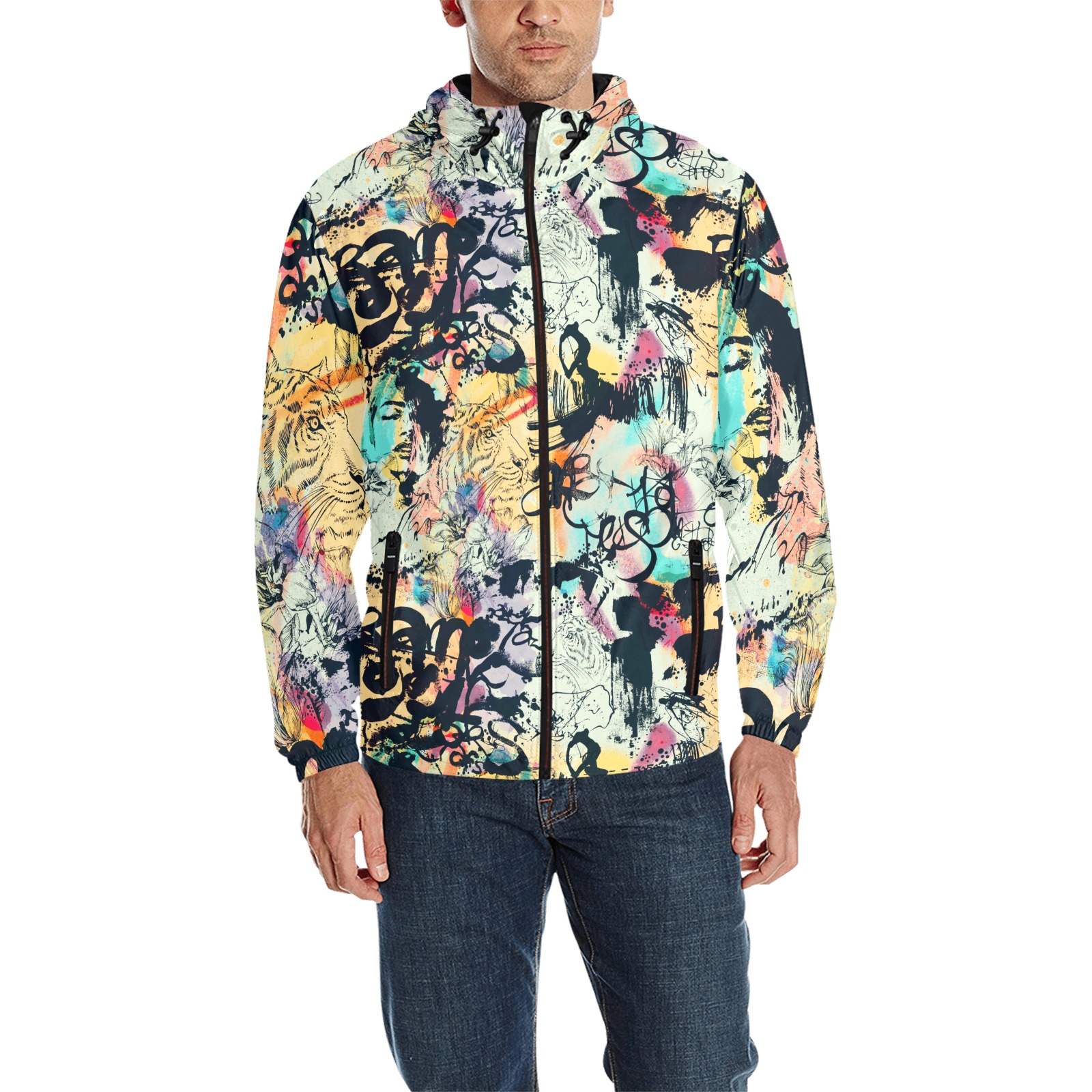 Graffiti-colorful All Over Print Quilted Windbreaker for Men (Model H35)