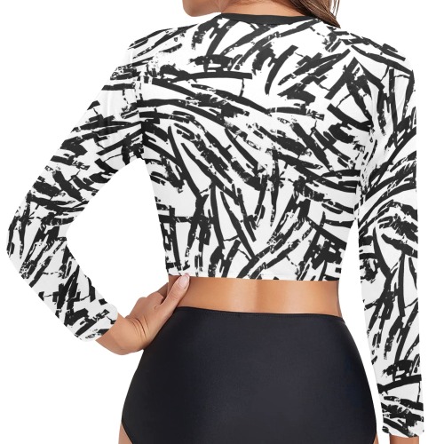 Brush Stroke Black and White Long Sleeve Bikini Top (Model S27)