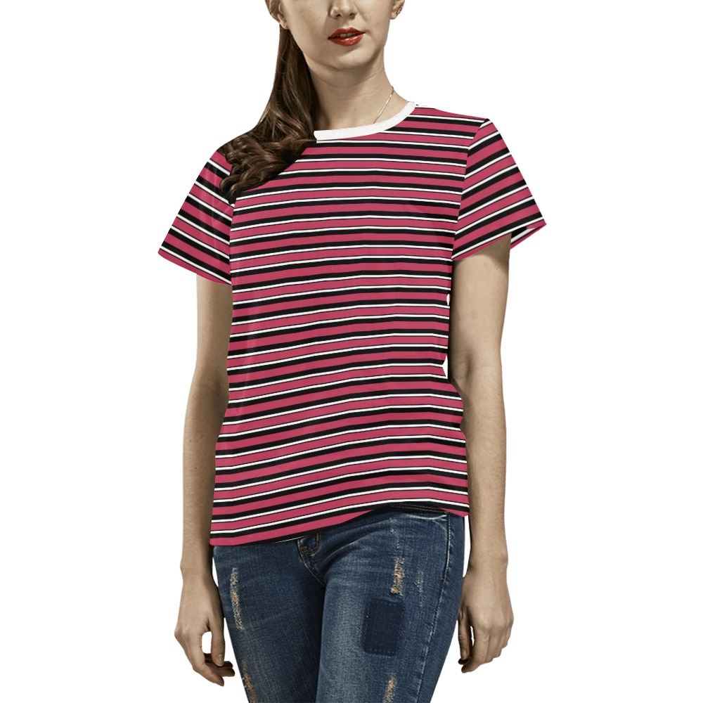 Magenta, Black and White Stripes All Over Print T-Shirt for Women (USA Size) (Model T40)