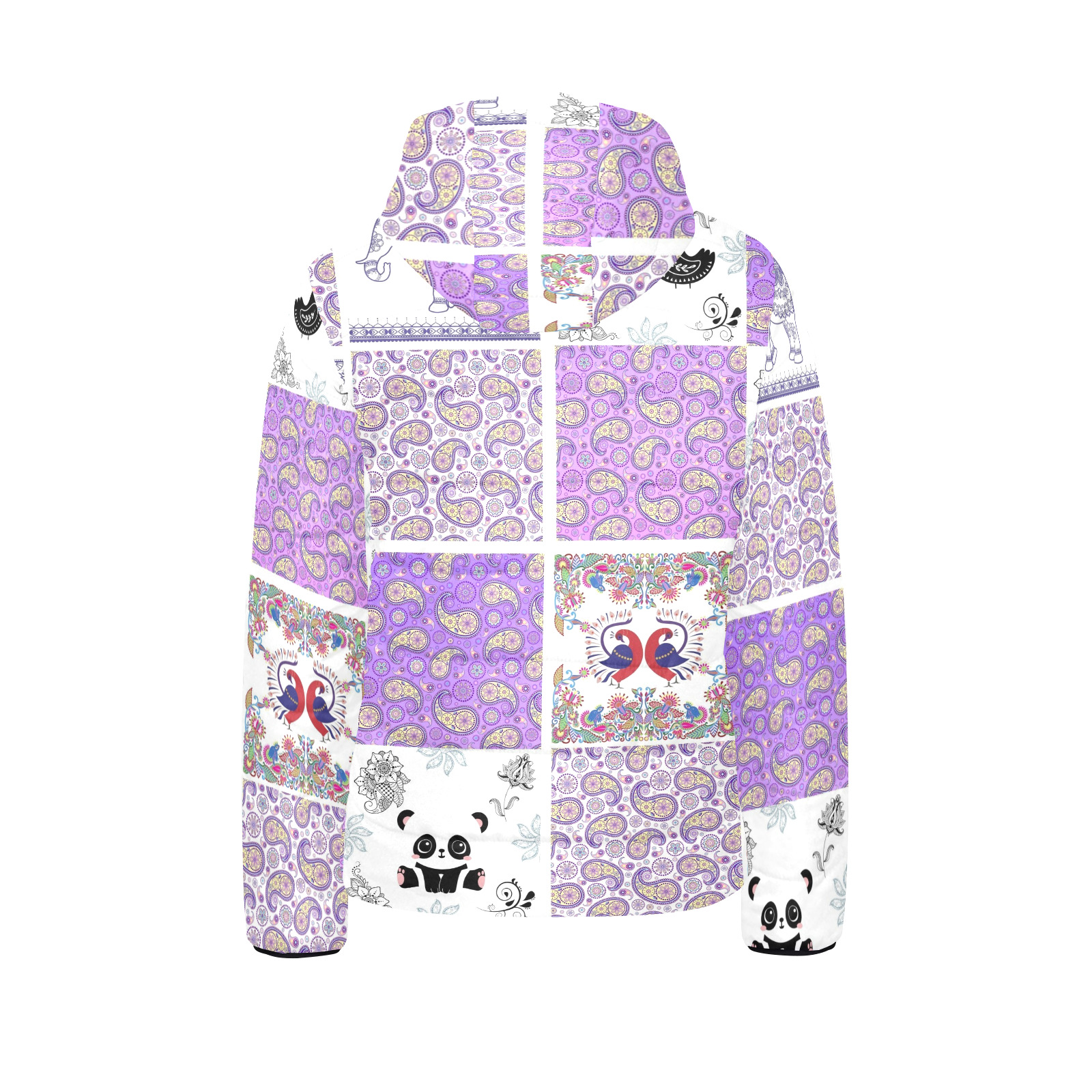 Purple Paisley Birds and Animals Patchwork Design Kids' Padded Hooded Jacket (Model H45)