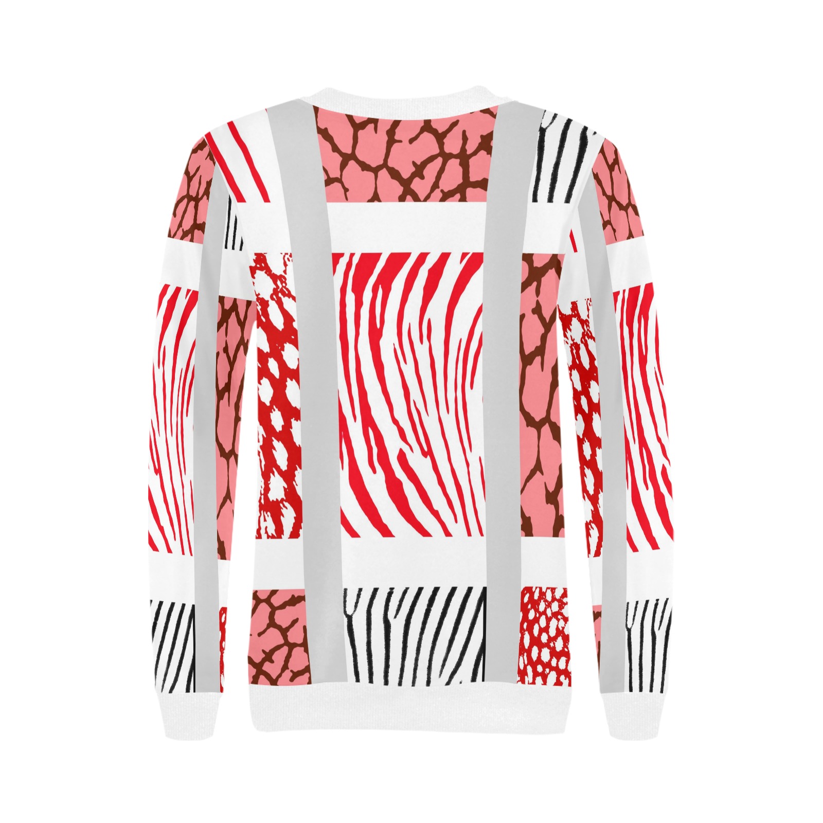White and Red Mixed Animal Print Women's Rib Cuff Crew Neck Sweatshirt (Model H34)