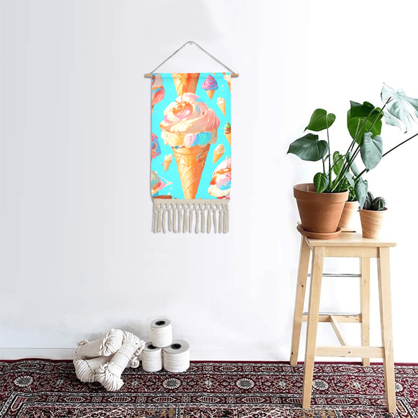 Cone icecream abstract art, pastel colors art. Linen Hanging Poster
