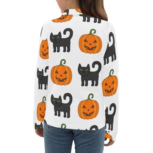 Cats and Pumpkins Big Girls' All Over Print Long Sleeve Polo Shirt (Model T73)