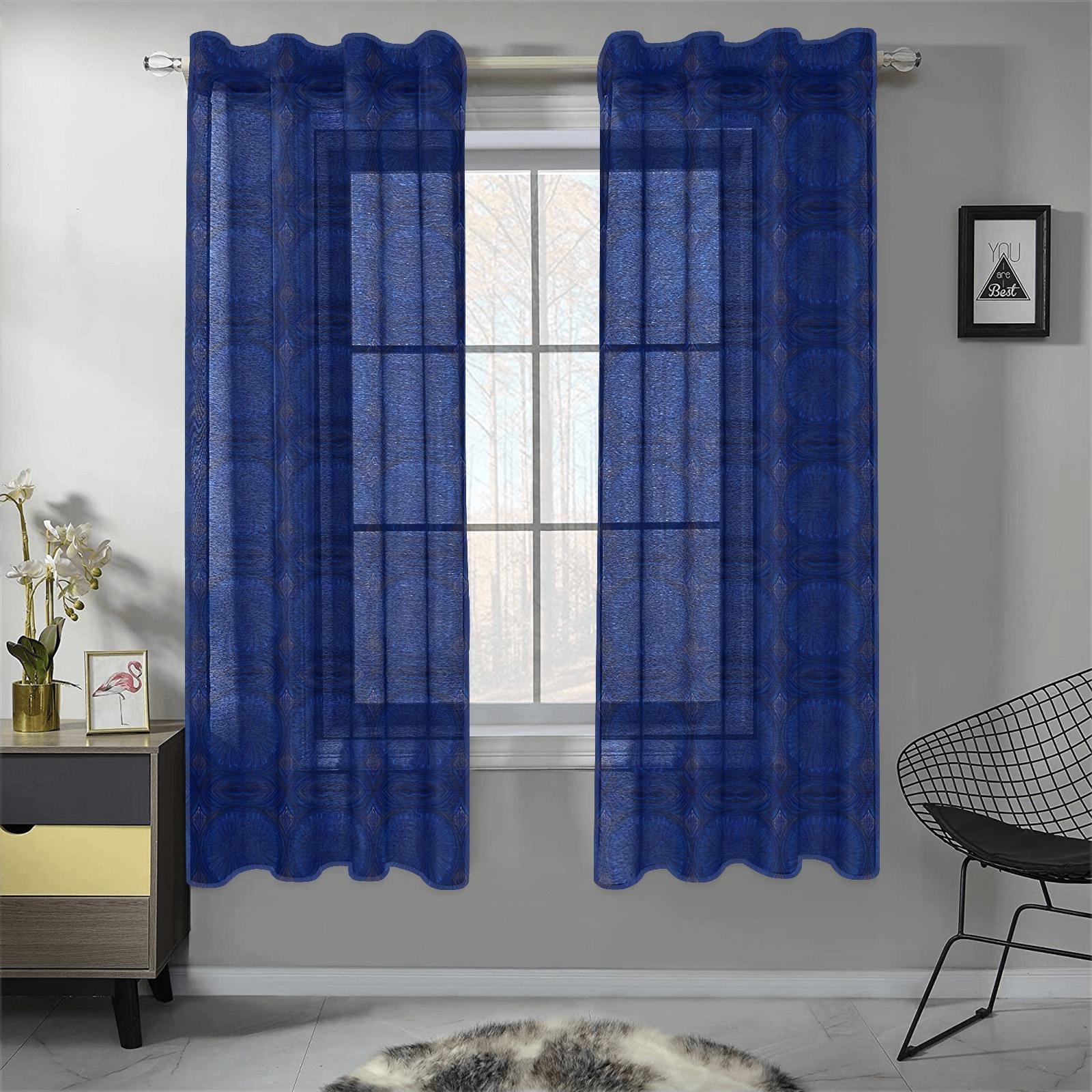 blue repeating pattern egg shapes Gauze Curtain 28"x63" (Two-Piece)