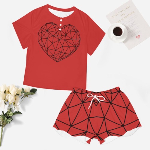 Black Geodesic Heart on Red Women's Mid-Length Shorts Pajama Set