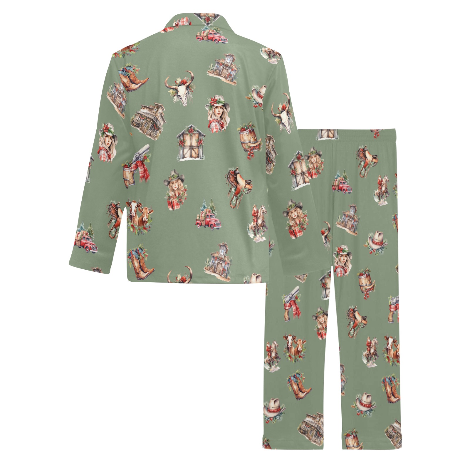 Men's Long Pajama Set Cowboy Christmas Green Men's V-Neck Long Pajama Set