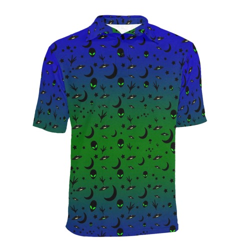 Aliens and Spaceships Blue and Green Men's All Over Print Polo Shirt (Model T55)